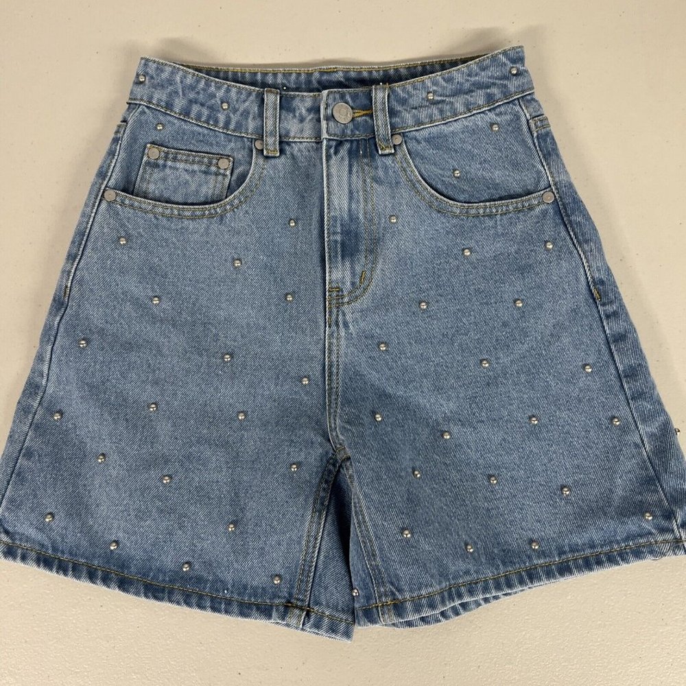 NEW 00 24  Milk It Recycled Spur Denim Metal Studded Blue Jean Shorts High Rise